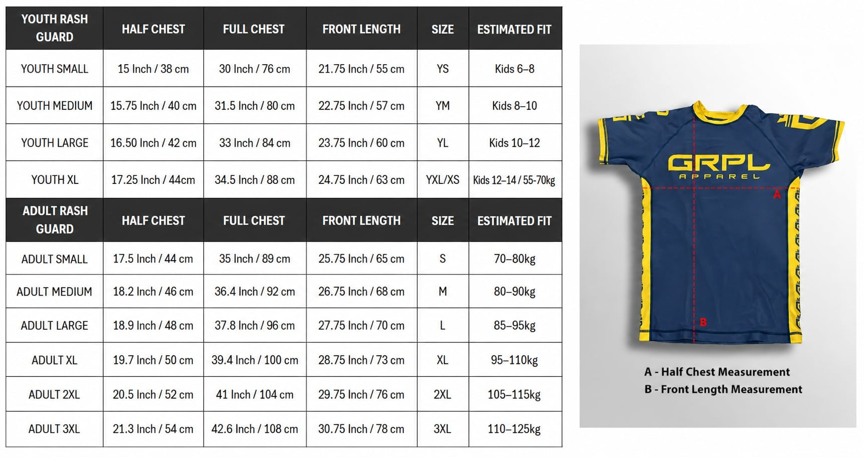 GRPL rash guard size chart